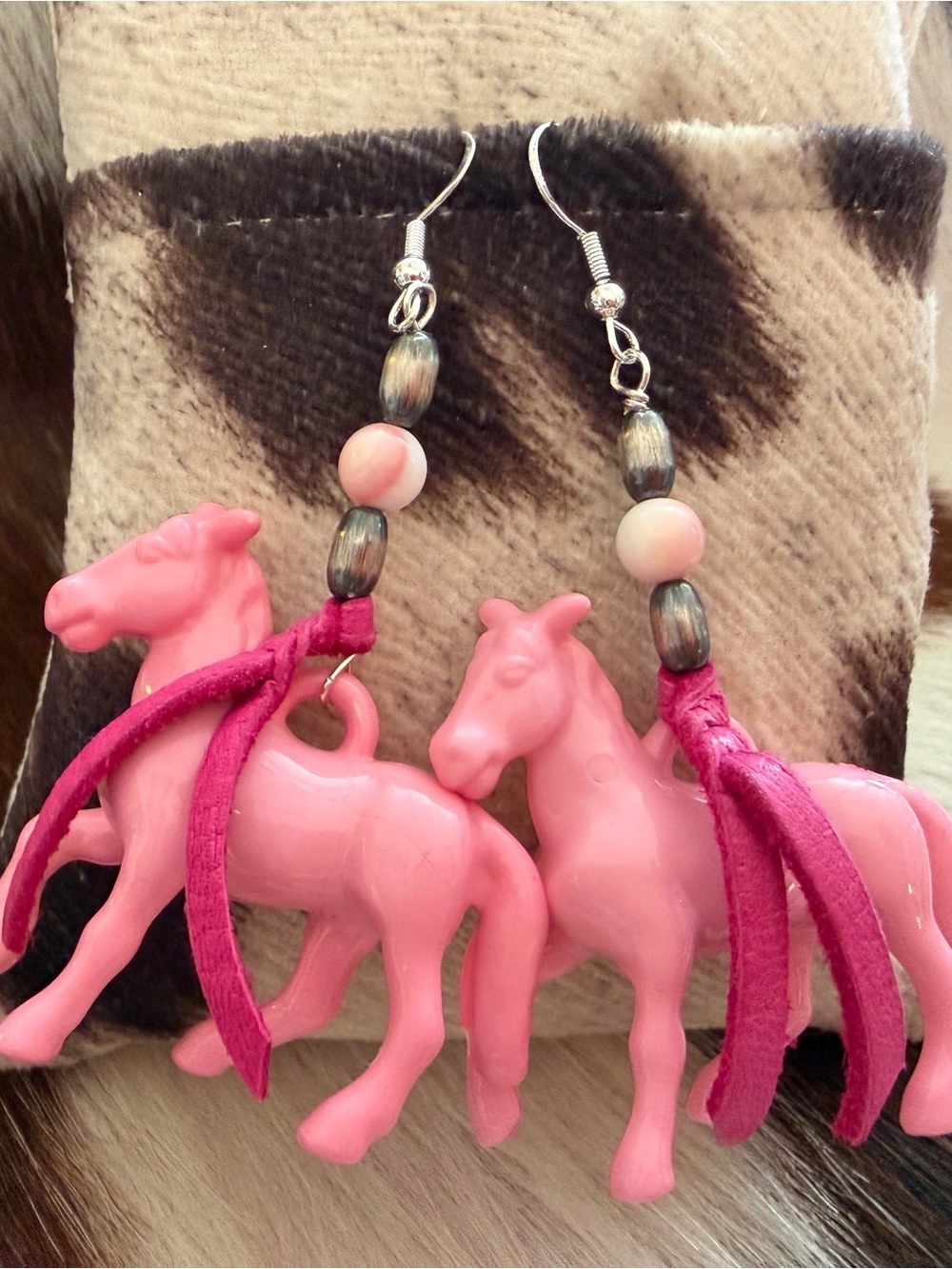 ❤️ 925 Pink Conch Cowgirl Pony Horse Rodeo Earrings Leather Tassels Beads - Picture 10 of 14